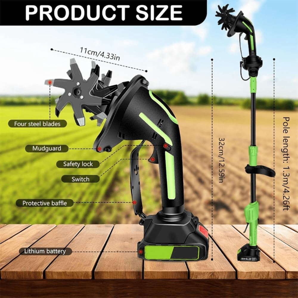 2-in-1 Cordless Tiller & Cultivator with Extension Pole, 24V Battery Powered Handheld Garden Tiller, Electric Soil Cultivator for Weeding and Aerating, Yard & Lawn (No Extension Pole, 1 Battery)