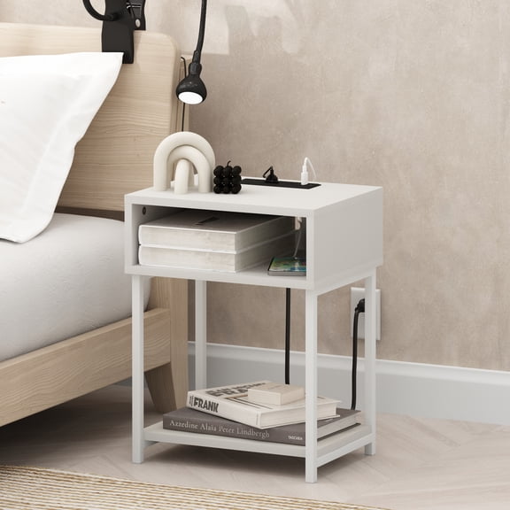 Furinno Moretti 3-Tier White End Table with Charging Station, Metal Frame Side Table with USB and Type-C Charging Port, Night Stand, Bedside Table for Living Room, Bedroom, Plain White