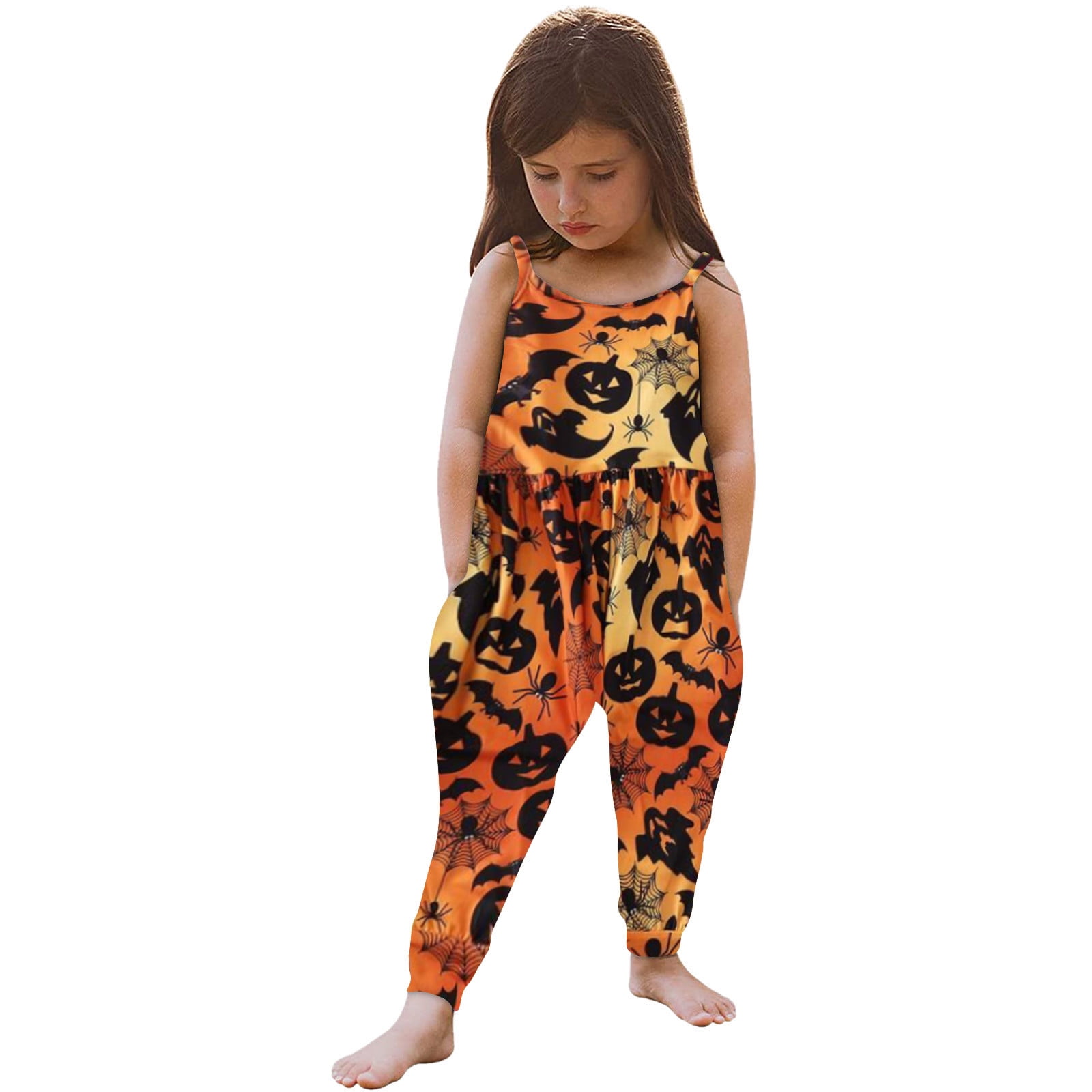 Baby Girls Jumpsuit Halloween Pumpkin Printed Strap Romper Outfits Toddler Harem Pants with Pockets 1-6 Years 