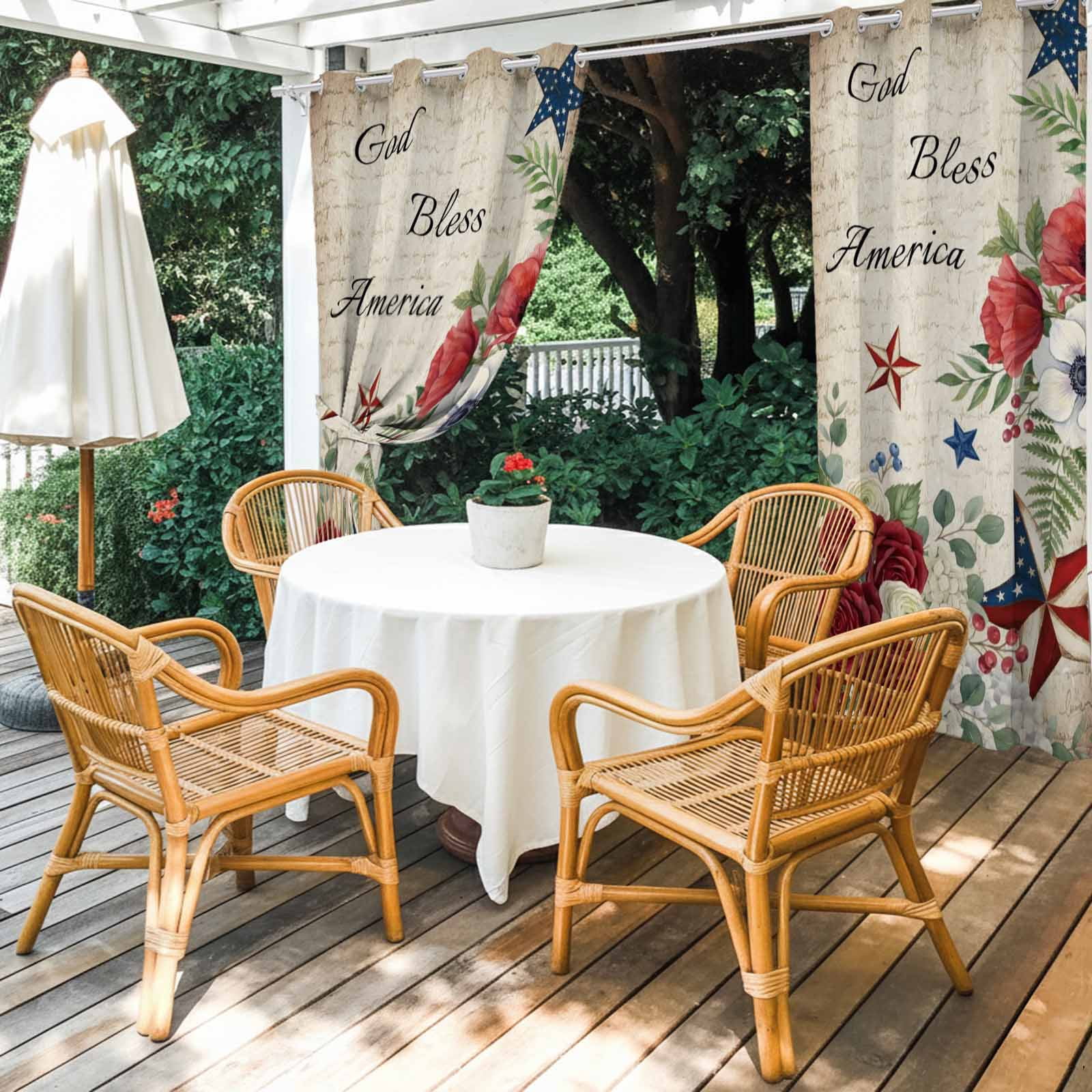 4th of July Outdoor Curtains for Patio, God Bless America Stars Red Flowers Leaf Vintage Sunshade Privacy Drapes Grommet Waterproof Outside Curtains for Porch/Cabana/Balcony 54"x 108", 1 Panel