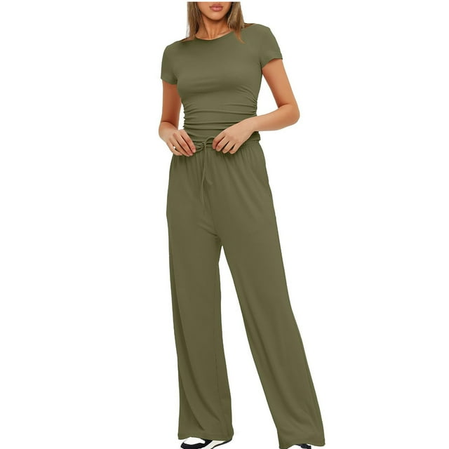 DPTALR Ensemble 2 Pcs Femme Col Rond Manches Courtes + Pantalon Long Taille Élastique