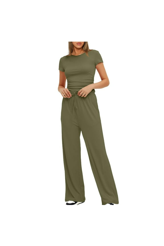 Two Piece Sets for Women Fashion Round Neck Solid Short Sleeve Blouse +Long Pants Elastic Waist Sets S-2XL