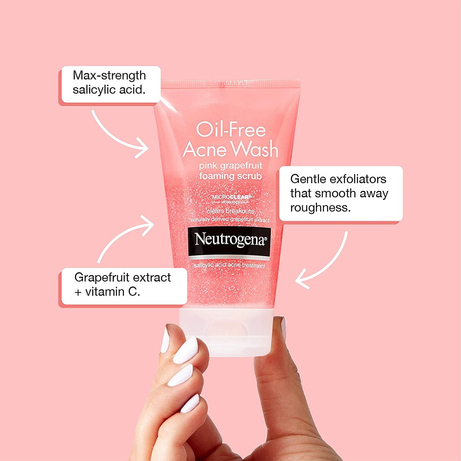 Neutrogena Oil Free Pink Grapefruit Acne Face Wash with Vitamin C, Salicylic Acid Acne Treatment Foaming Vitamin C Facial Scrub 2 oz (Pack of 3)