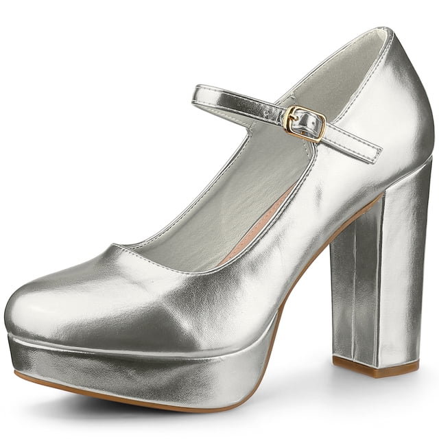 Plataforma Mary Janes Chunky Heels Pumps para Mujer Plateado US 9