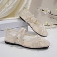 thumbnail image 4 of Women's Floral Embroidered Mesh Flats Square Toe Strap Breathable Ballet Shoes for Dressy Trendy Work Office Wedding Daily Ballerina Beige 6.5, 4 of 9