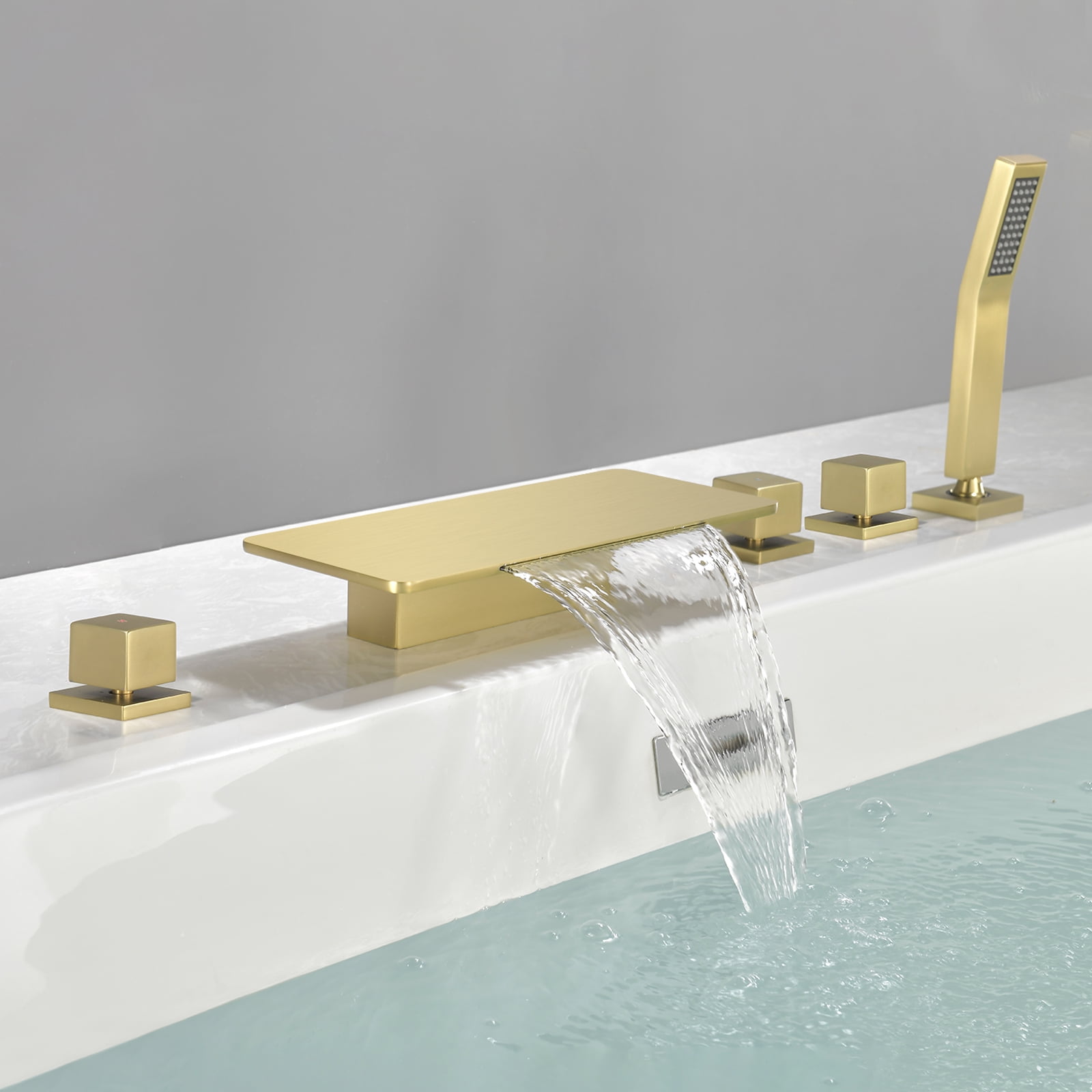 Cobbe 5-Hole Mount Brushed Gold Waterfall Bathroom Bathtub Faucet Set with 11.02-Inch Wide Bathtub Spout, Handheld Sprayer