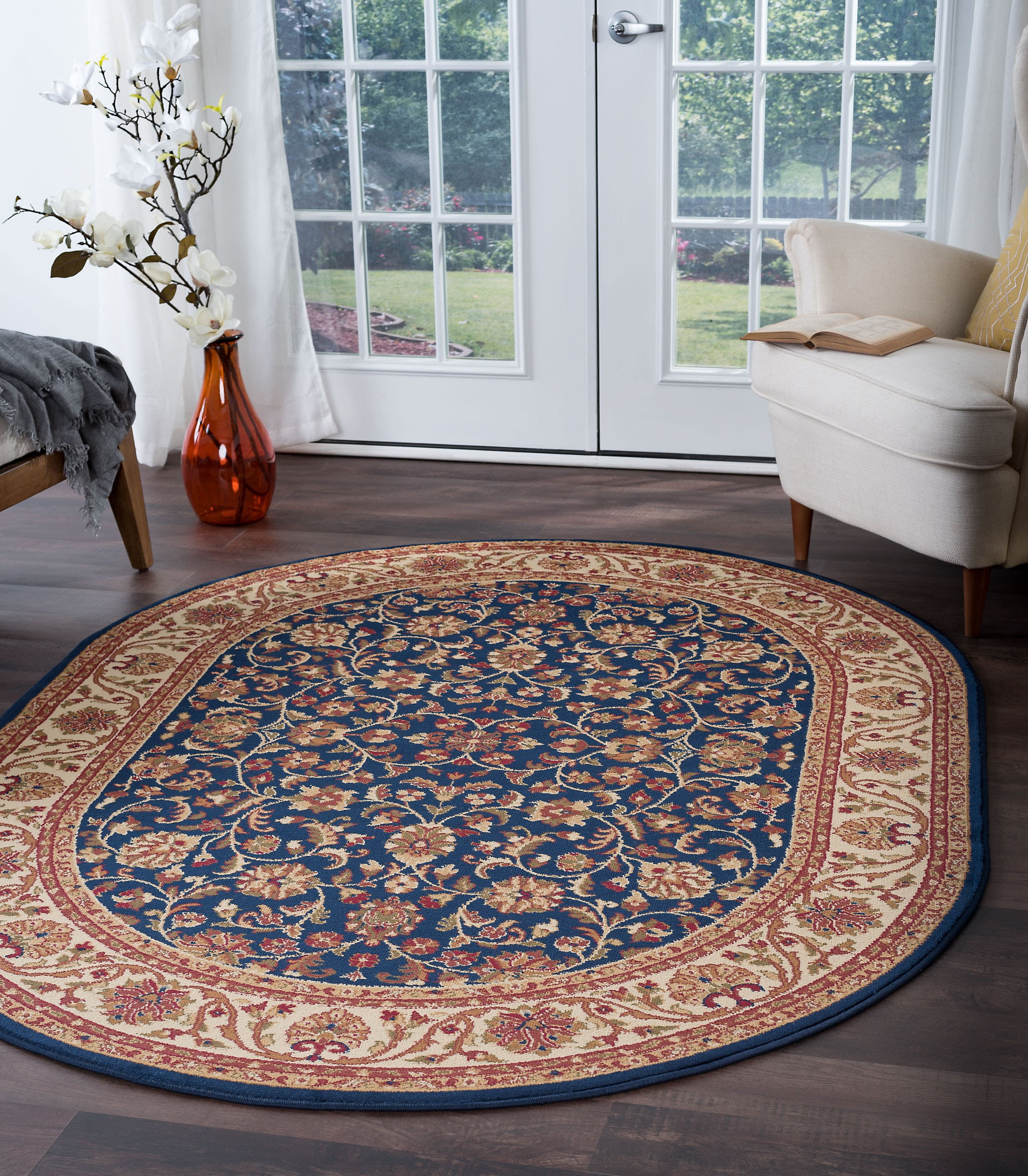 Traditional Area Rug (5'3'' x 7'3'' Oval) Border Navy, Beige Living