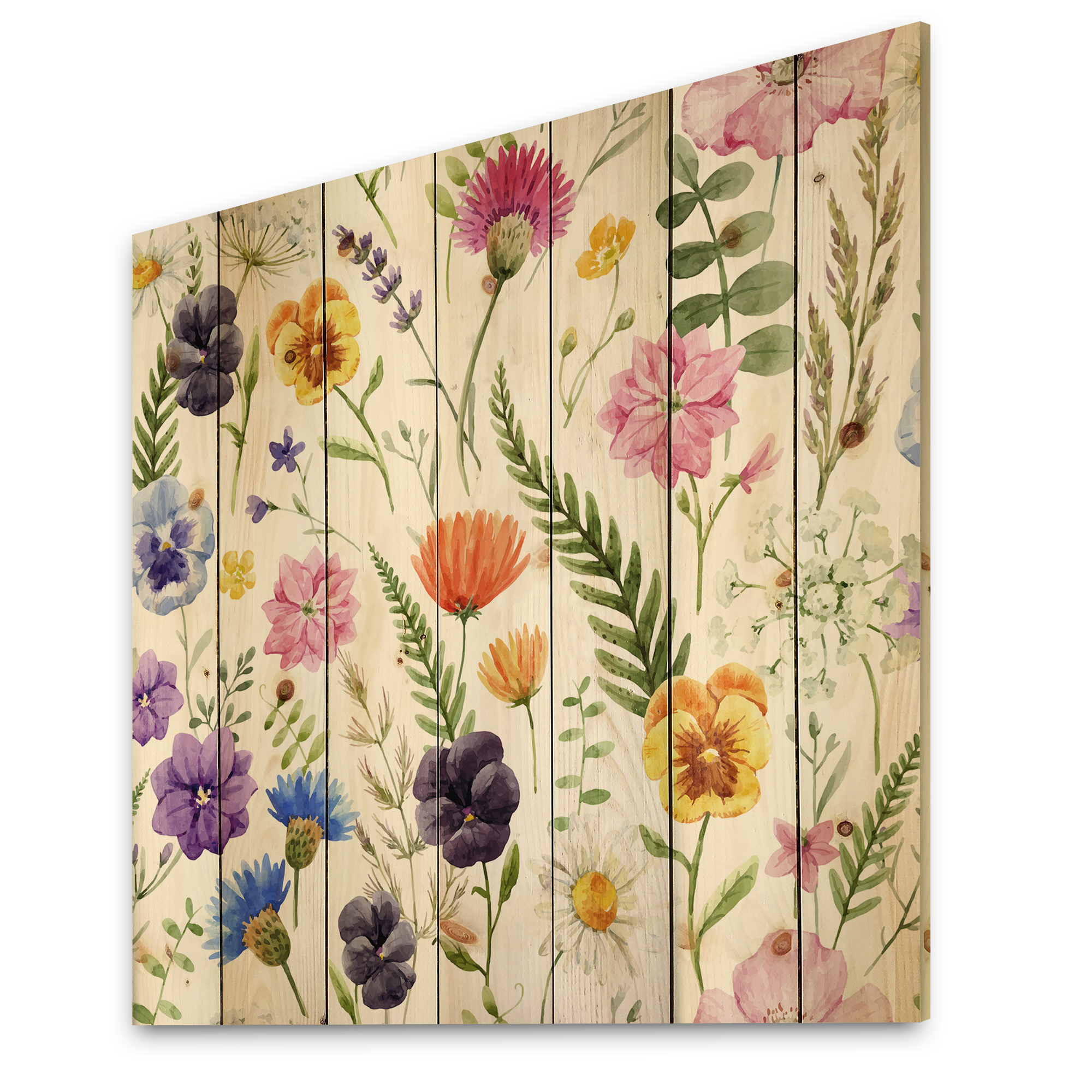 Designart 'Coloful Wildflowers Floral Pattern I' Traditional Print on Natural Pine Wood