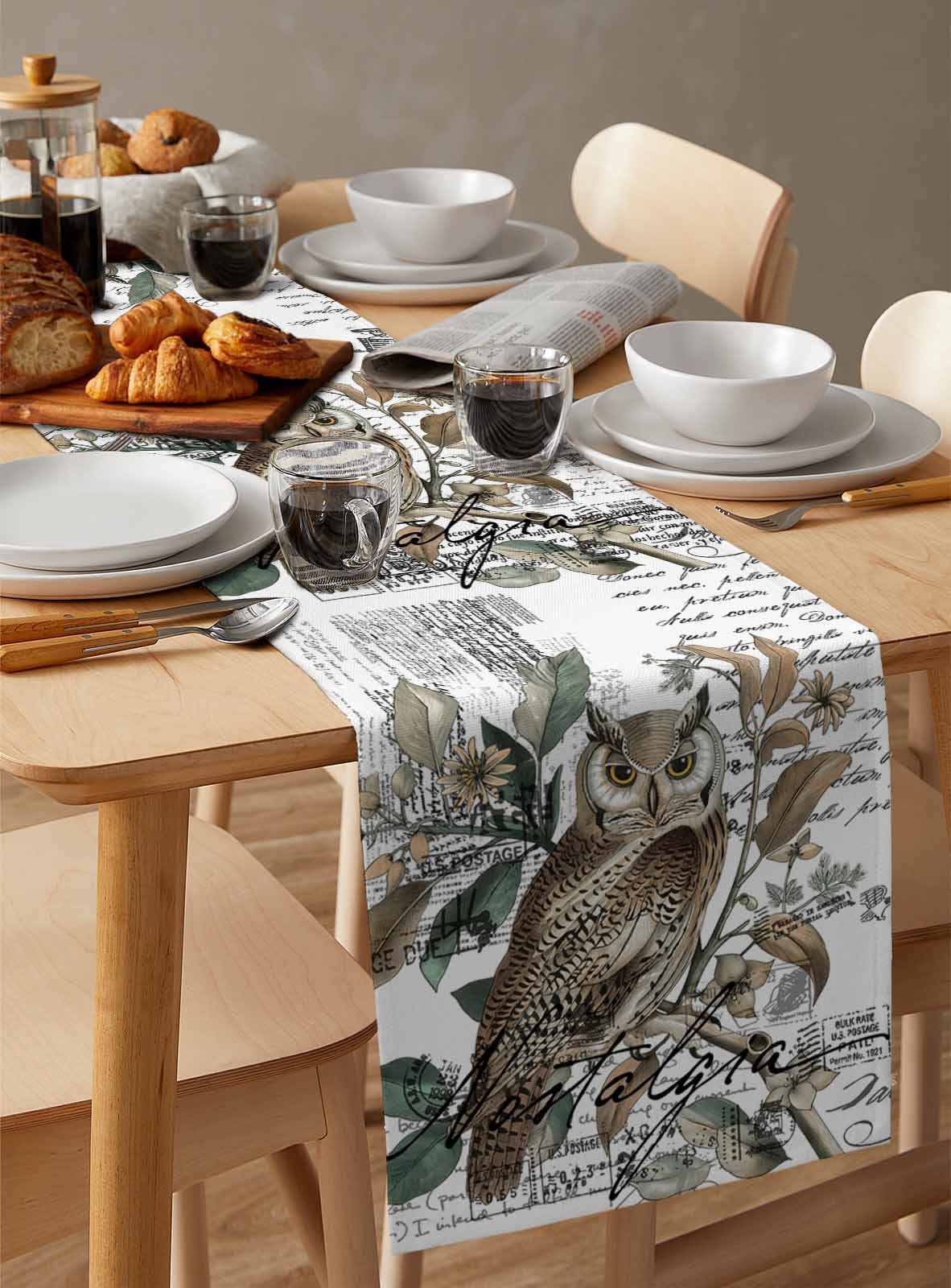 Ldtrchee Farmhouse Owl Table Runner 36 Inches, Country Envelope Postmark Botancial Bed Runner Dresser Scarves Tabletop for Indoor Outdoor Parties/Ceremony/Banquet, 13"x 36"