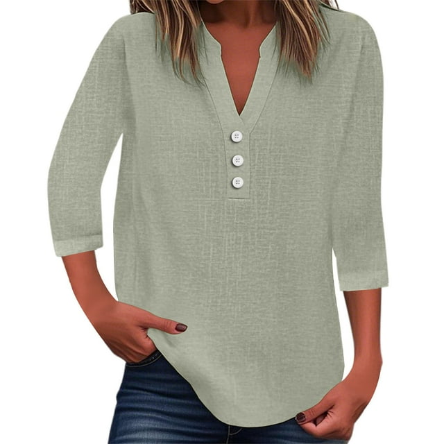 Top liso de mujer con cuello en V, botones y manga 3/4 - Estilo informal elegante, tejido de poliéster ligero