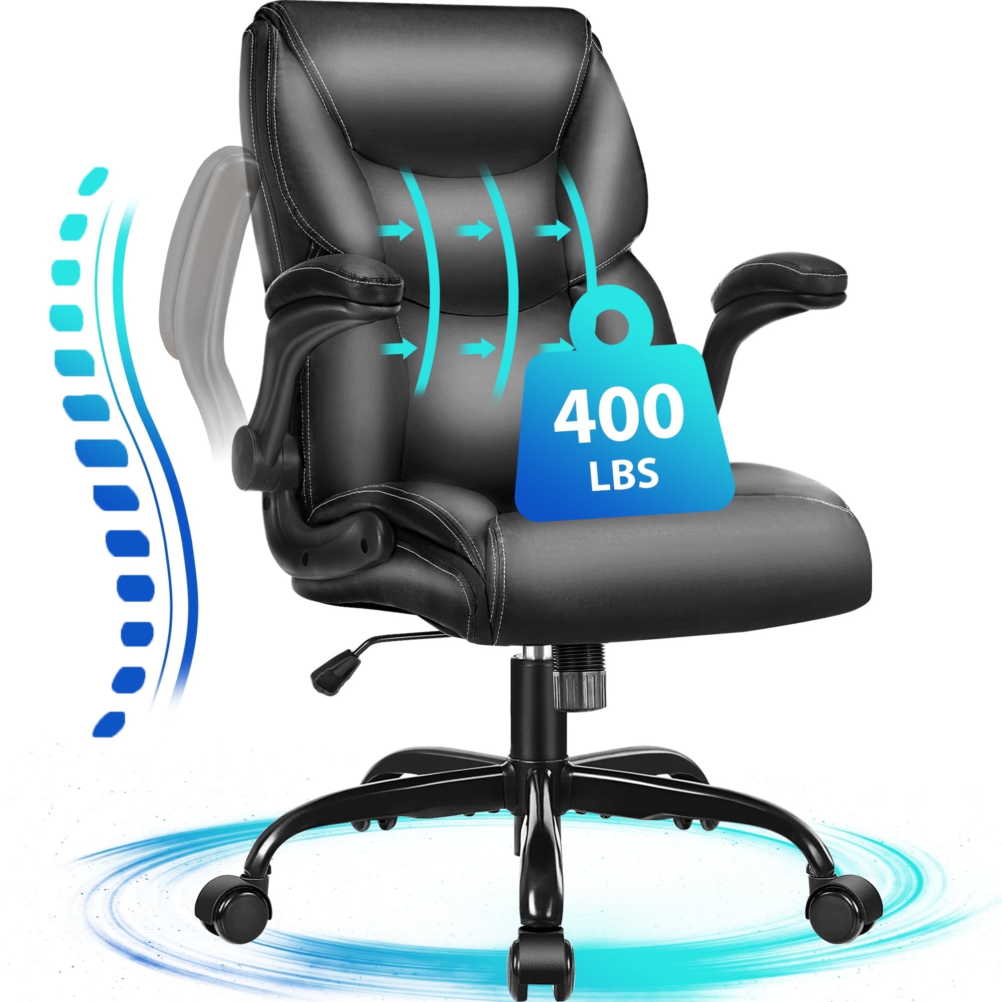 JONPONY Leather Office Chair, Big and Tall Office Chair 400LBS Wide Seat Ergonomic Computer Desk Chair High Back Executive Leather Chair Adjustable Task Chair, Black