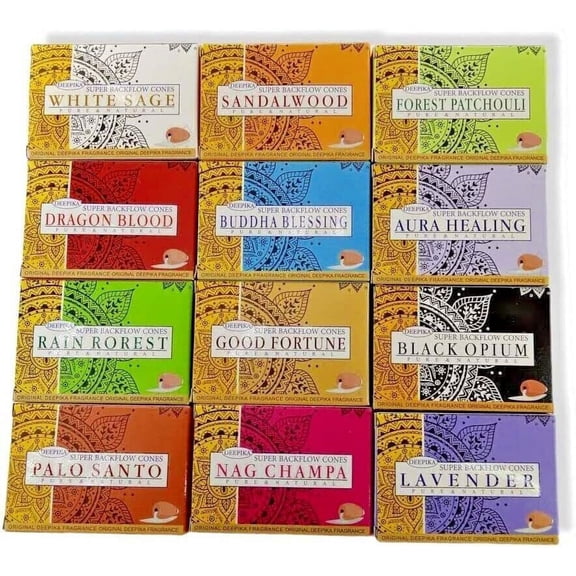 Deepika Premium Assorted Incense Backflow Cones 12 packs x 10 cones | Best for Meditation,Yoga,Aroma Therapy, Relaxation |