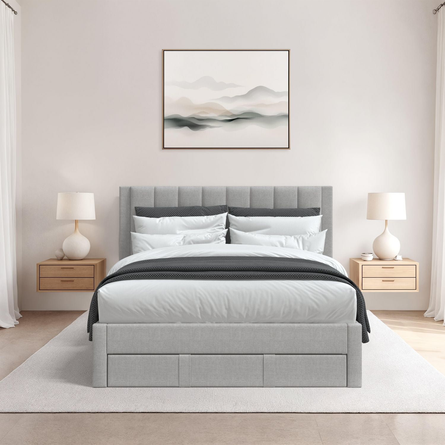 CorLiving Metro Light Grey Channel Tufted Upholstered Storage Platform Bed in Full/Double and Queen
