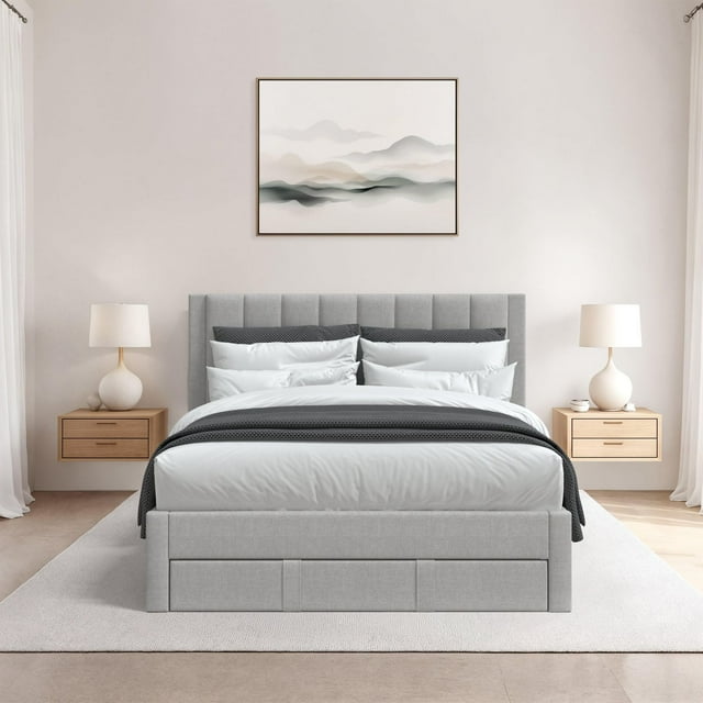 CorLiving Metro light grey channel tufted upholstered storage platform bed in a modern bedroom setting with white and dark gray bedding, floating wooden nightstands, and minimalist decor.