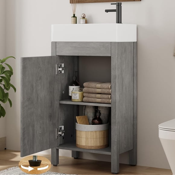 Yiwa Freestanding 16" Bathroom Vanity, Compact Storage Cabinet with Integrated Sink Top and Soft-Close Door