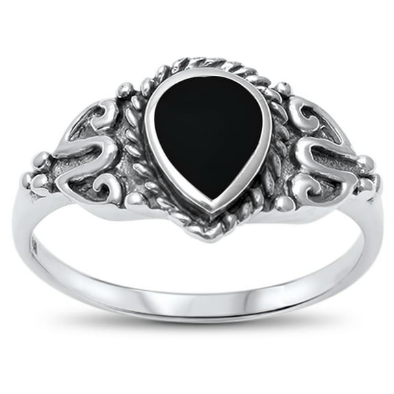 Sterling Silver Teardrop Synthetic Onyx Antique Ring Size 7