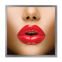 Designart 'Sexy Woman Lips Beautiful Make-Up Close-Up Kiss' Modern Framed Art Print
