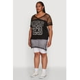 thumbnail image 4 of Womens Plus Size Fishnet Boss 23 Rhinestone Graphic Top with Varsity Stripe Details, 4 of 5