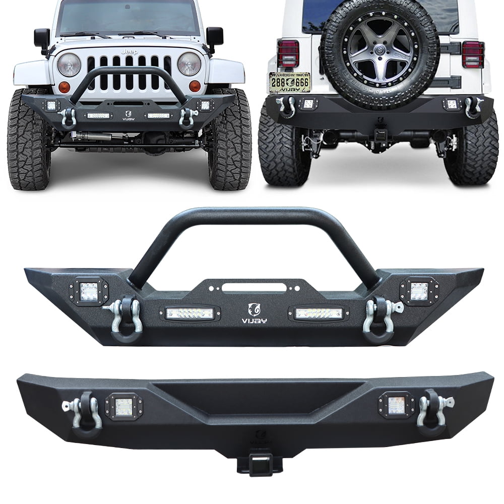 HECASA Off Road Front & Rear Bull Bar Bumper For Jeep Wrangler 07-18 JK LED  Light & 2