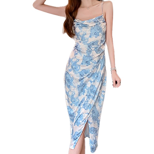 Vestido sin mangas con tirantes finos y estampado floral con volantes y abertura alta lateral para mujer