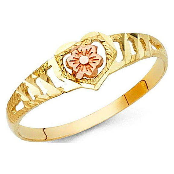14k Two Tone Italian Solid Gold Heart & Flower Vintage Look Ring 6mm