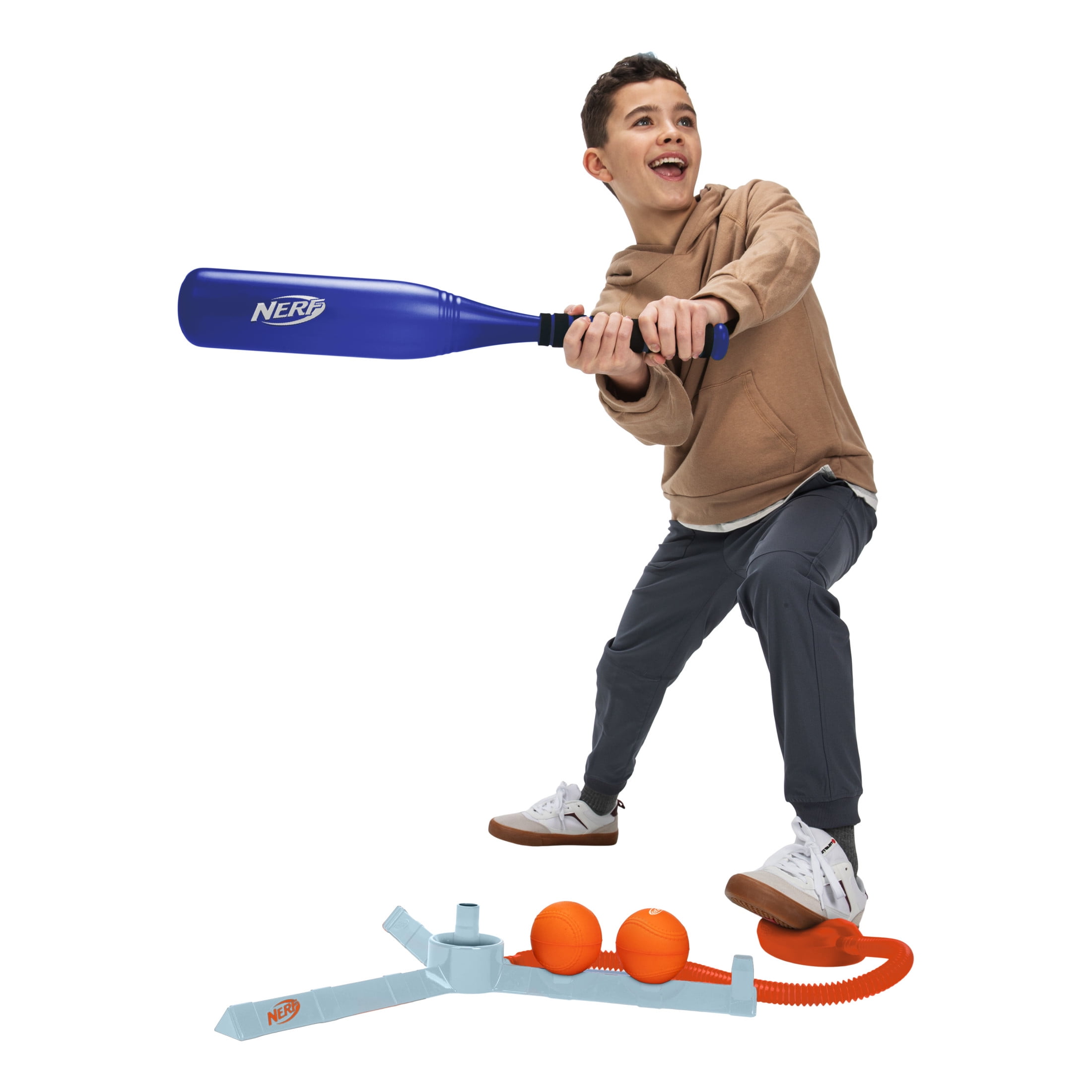Nerf Airtee Kids Baseball Stomp Launcher Tee Set with 21 in Bat + Foam Balls