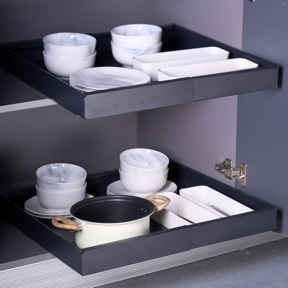 Pull Out Cabinet Organizer Expandable Slide Out Drawers Kitchen Cabinets Heavy Duty Cabinet Organizer Pull Out Drawer Self-Adhesive Under Sink Organizer Drawer (black 16.5 inches deep)