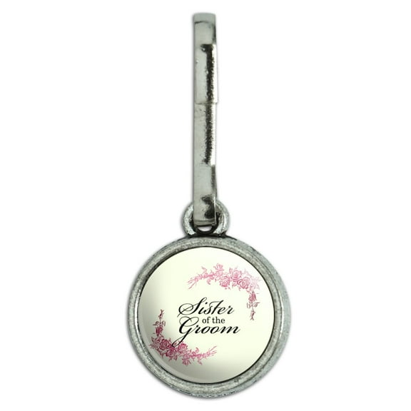Wedding Floral Sister of the Groom Antiqued Charm Clothes Purse Suitcase Backpack Zipper Pull Aid