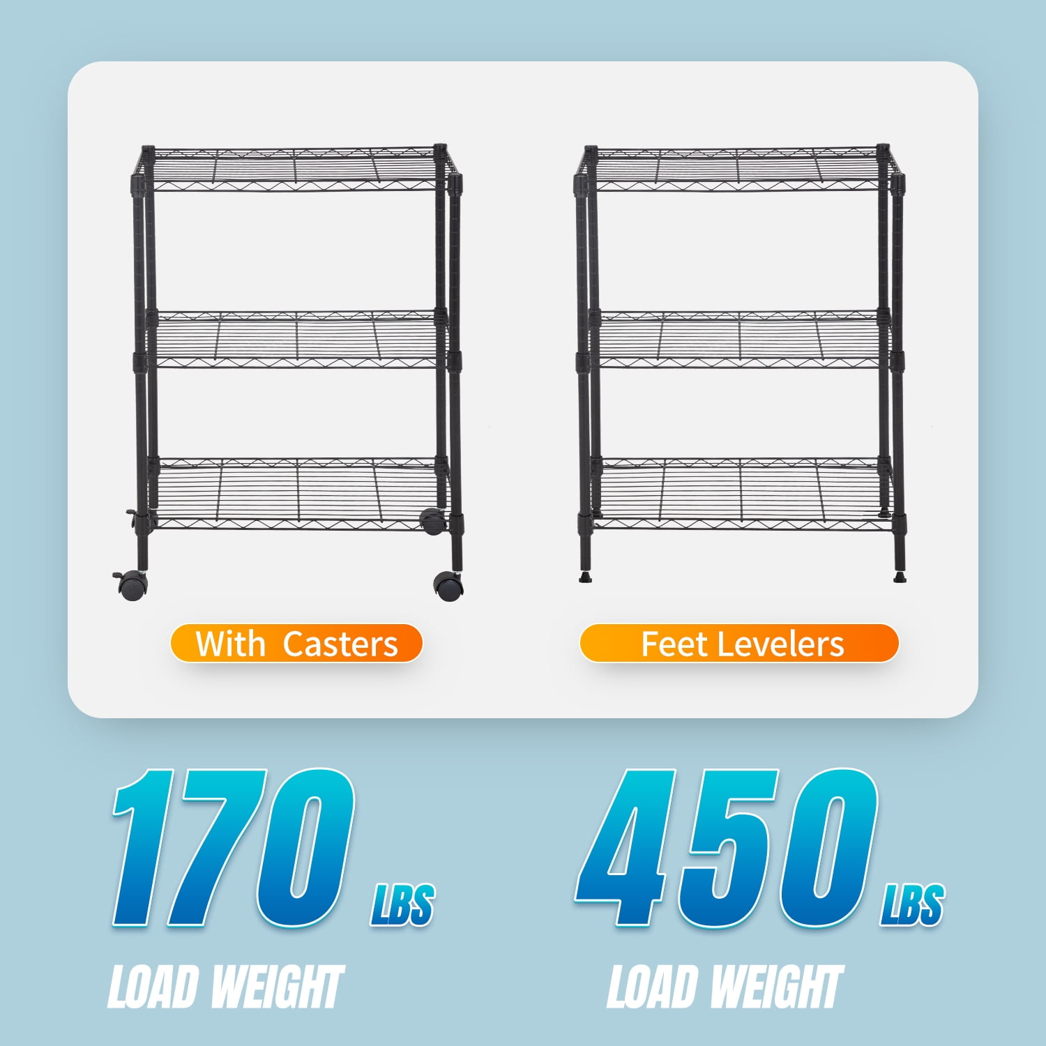 BestOffice 3-Shelf Steel Wire Tier Layer Shelving 23L x 13W x 32H Shelves with Wheels,Black