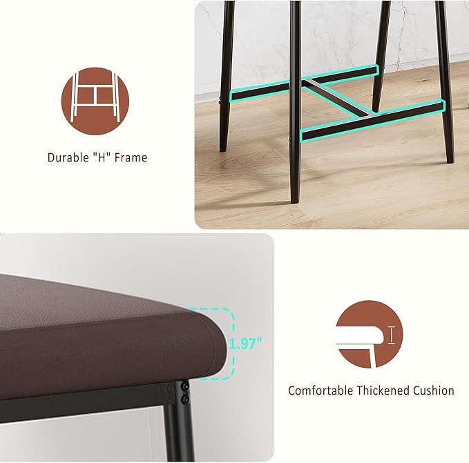 26 Inch Counter Height Bar Stools Set of 4, Modern Faux Leather High Barstools with Back and Metal Leg, Bar Chairs for Kitchen lsland, Brown