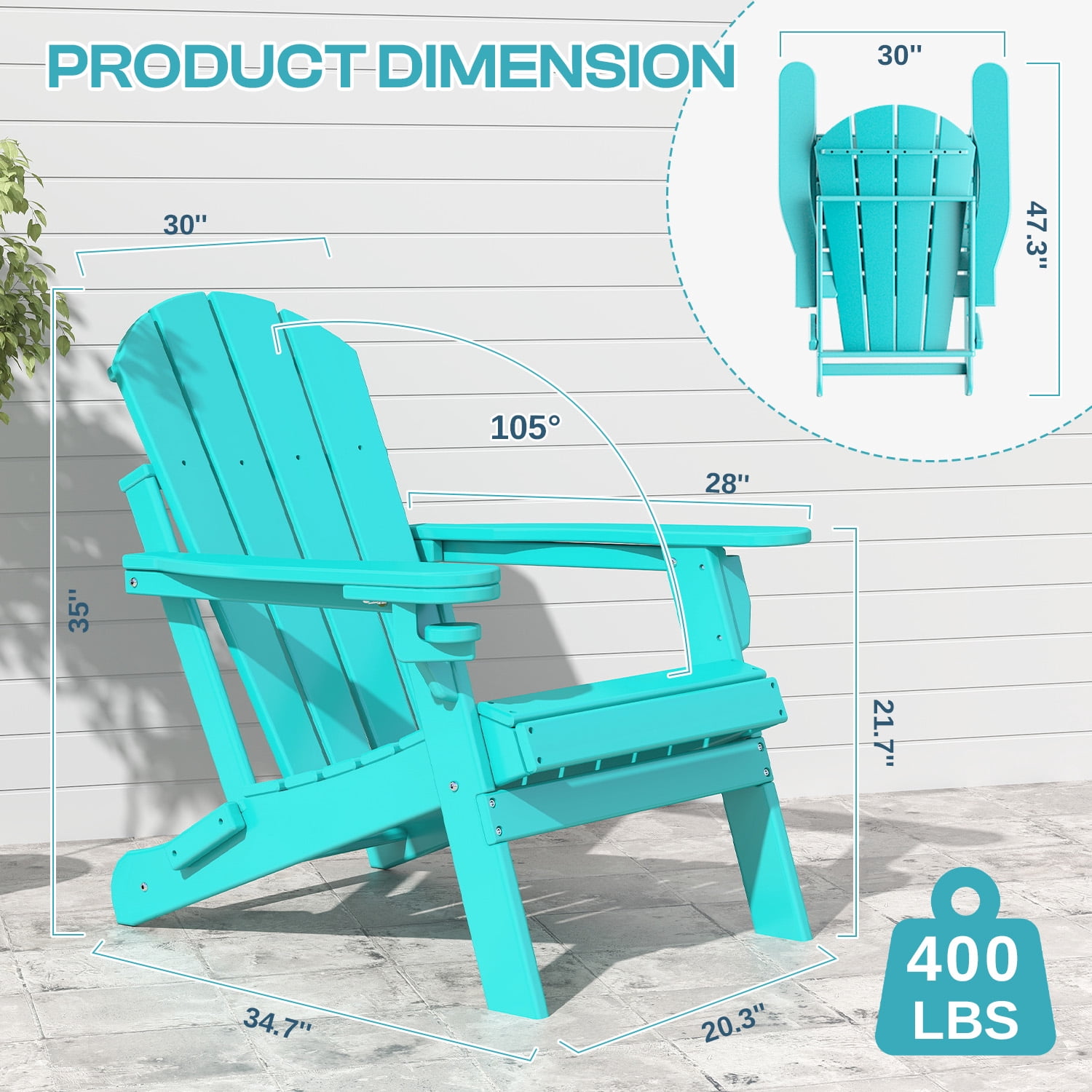 FODINGHILL Outdoor Folding Adirondack Chair set of 2, HDPE All Weather Patio Chair with Cup Holder for Deck Backyard Garden, Aqua