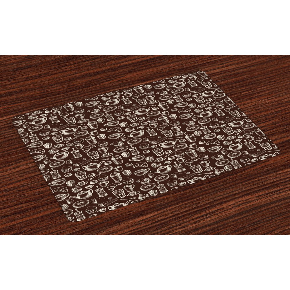 Brown and White Placemats Set of 4 Hand Drawn Style Pattern with Coffee