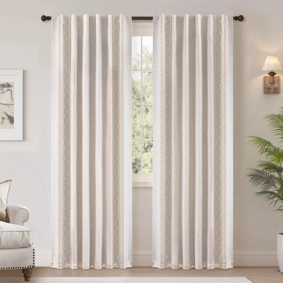 DriftAway Boho Linen Blackout Curtains Double Layer Thermal Insulated Farmhouse Vintage Geo Retro Square Printed Pattern Lined Drapes for Living Room Bedroom 84 Inches Long Back Tab 2 Panels Beige