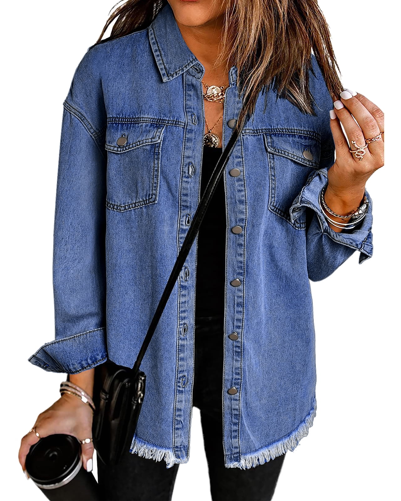 Vetinee Women's Plus Size Denim Jackets Button Up Frayed Hem Boyfriend