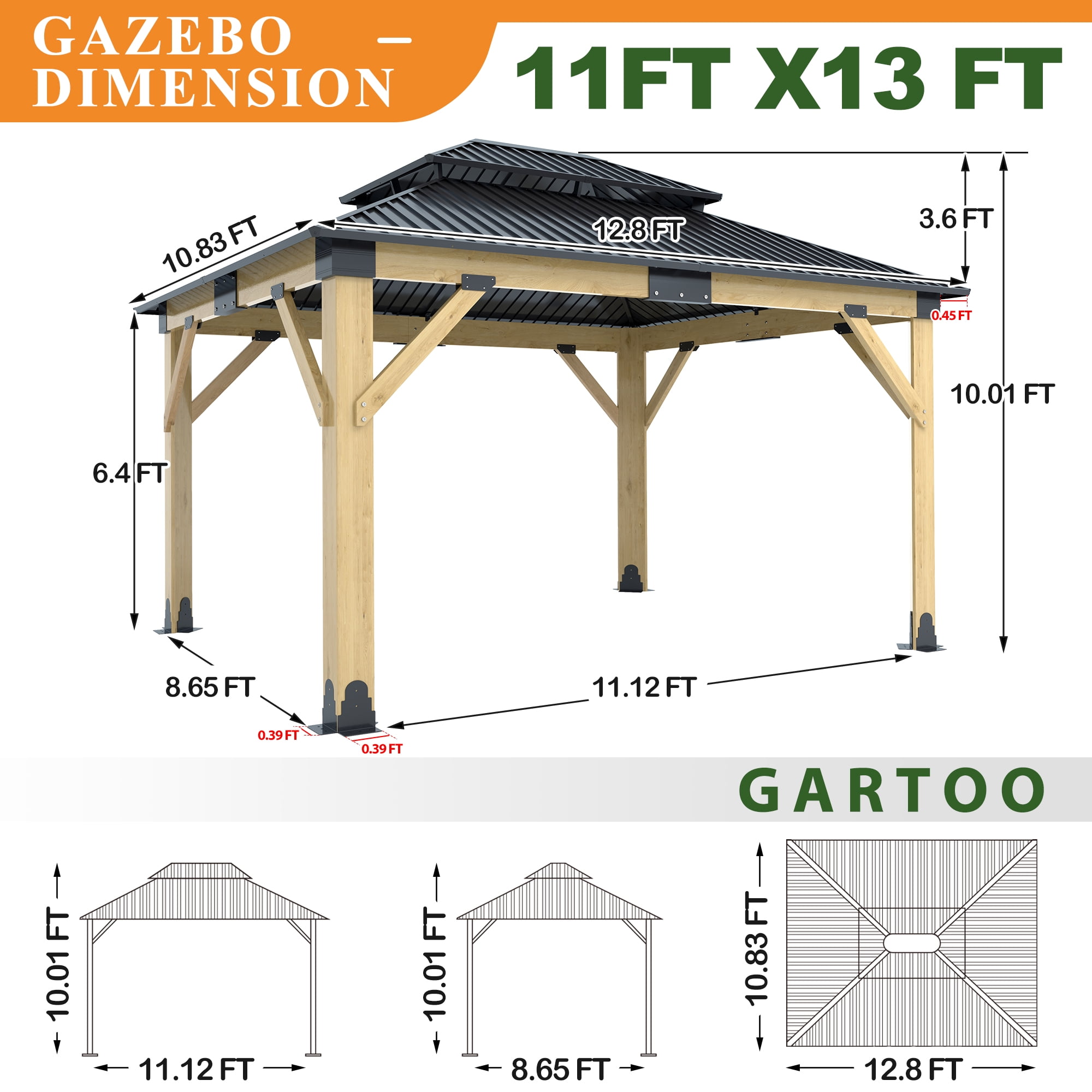 Howsvn 11 x 13 ft. Patio Cedar Wood Hardtop Gazebo, Double Metal Roof Wooden Gazebos for Backyard, Deck, Lawns