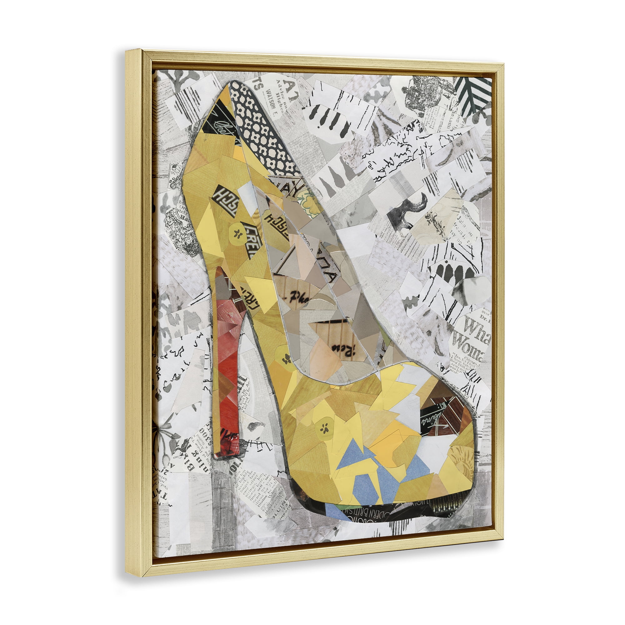 Stupell Industries Collaged Yellow Heel Fashion Painting Gold Floater Framed Canvas Art Print Wall Art, 25 x 31