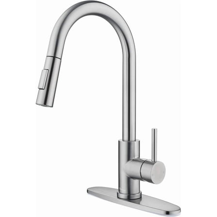 Zovajonia Modern Brushed Nickel Stainless Steel Kitchen Sink Faucets with Pull Down Sprayer, Single Handle，high arc，with 10 inch Deck Plate，1 or 3 Hole