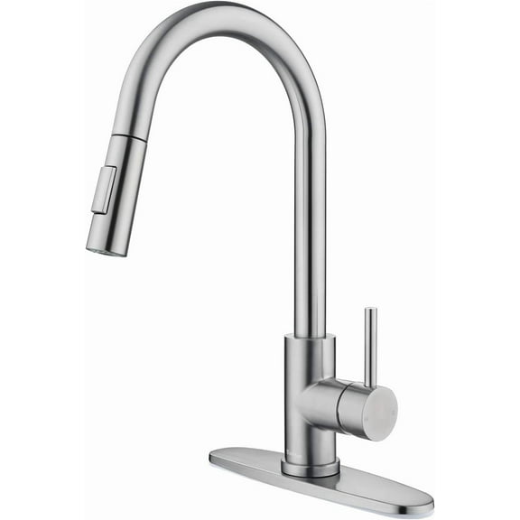 Zovajonia Modern Brushed Nickel Stainless Steel Kitchen Sink Faucets with Pull Down Sprayer, Single Handle，high arc，with 10 inch Deck Plate，1 or 3 Hole