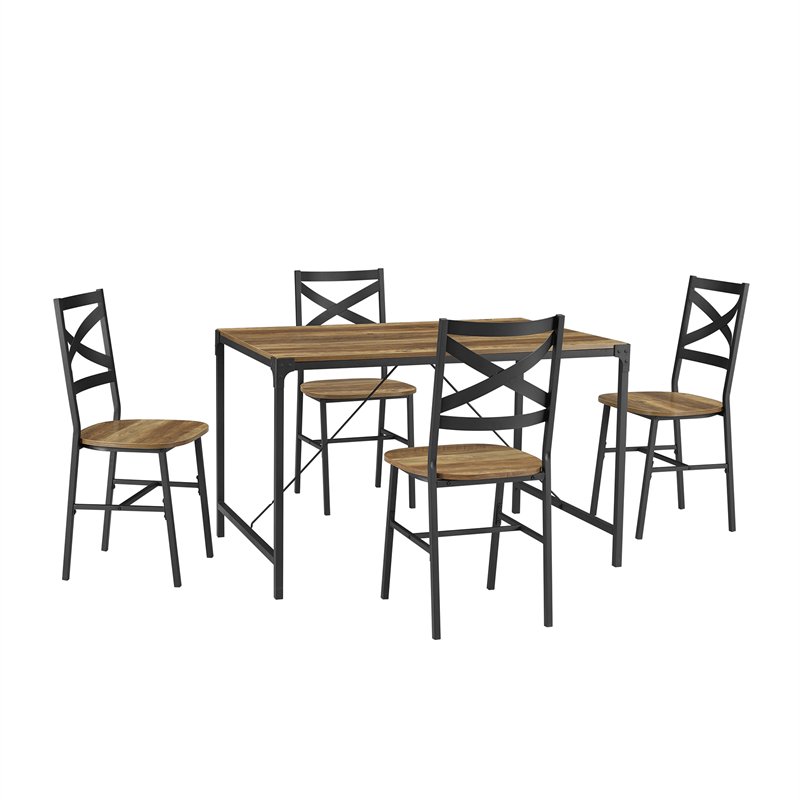 5Piece Angle Iron Dining Set w/X Back Chairs Reclaimed Barnwood