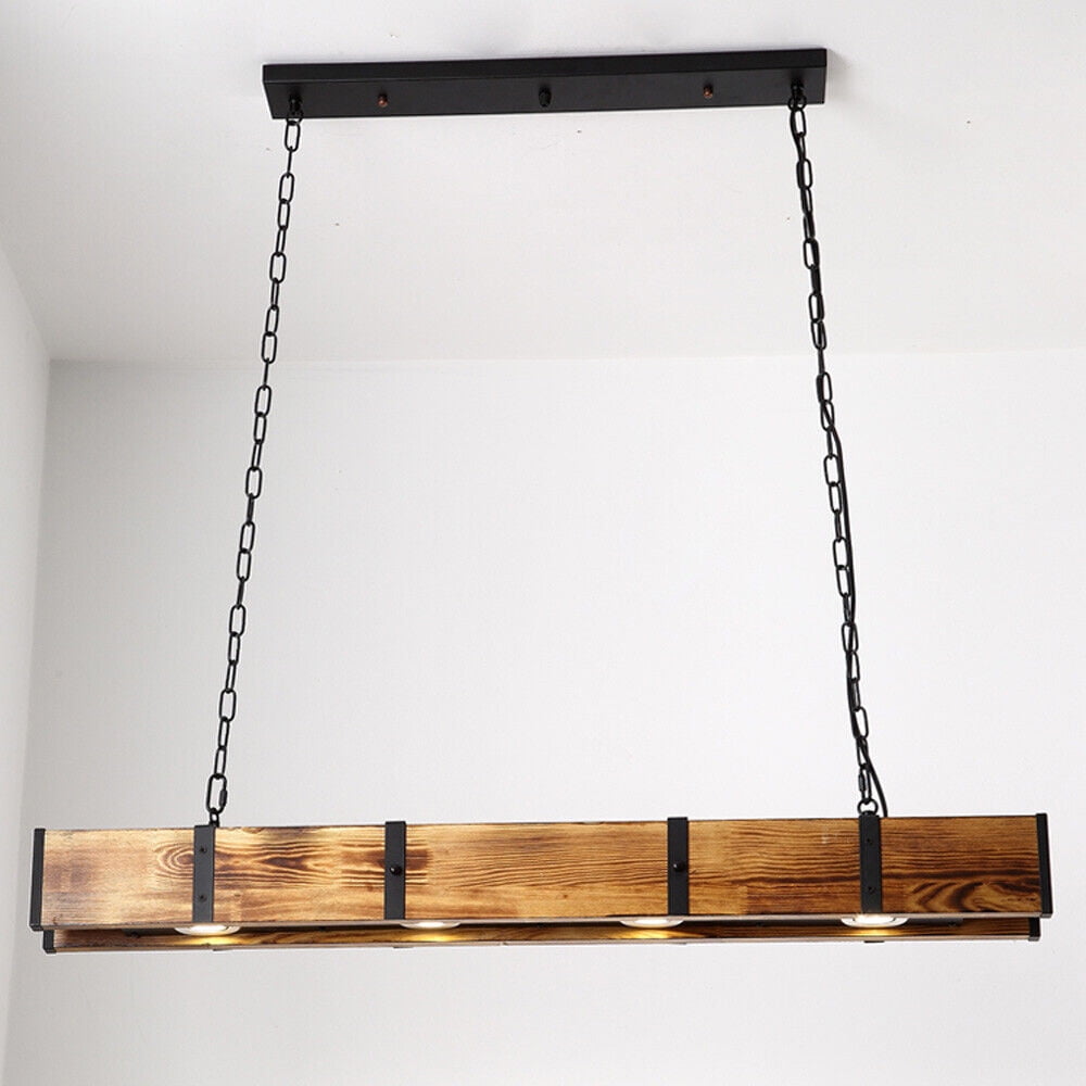 4-Light Chandelier Lighting Farmhouse Wood Large Linear Island Pendant Fixtures Rustic Wood 4 Lights Chandelier Farm House Ceiling Lamp Pendant Hanging Light Rustic Wood Island Lighting Kitchen