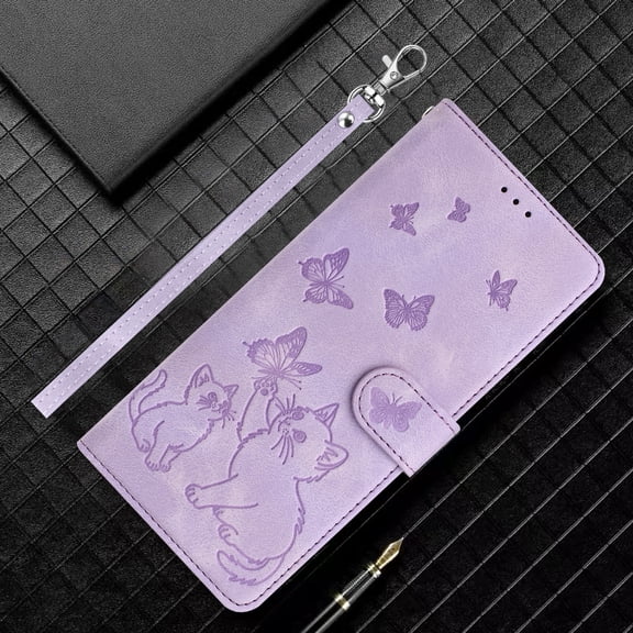 ELEHOLD Wallet Case for Samsung Galaxy A16 5G, Cute Cat-Embossed Leather Protective Case with Card Slots and Lanyard, Stand Feature,Purple