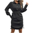 thumbnail image 1 of Robes Boutonnées pour Femmes Col Couleur Unie Manches Longues Robe Chemise Cordon Décontracté Doux Automne Mini Robe, 1 of 7