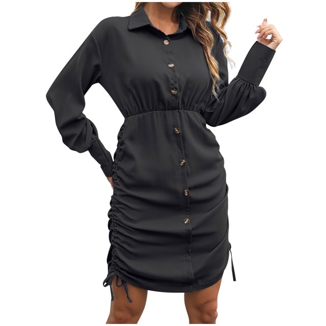 Women's Button Down Dresses Collared Solid Color Long Sleeve Shirt Dress Drawstring Casual Soft Fall Mini Dress