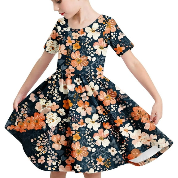 Fatuov Printed Girls Summer Dress Ruffle Crew Neck Bohemian A-Line Dress for Outdoor Loose Fit Dress Size 4 Years