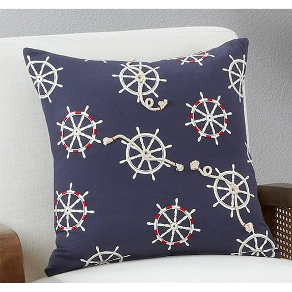 Fennco Styles Nautical Helm Wheel & Rope Appliqué Cotton Decorative Throw Pillow 18" W x 18" L – Navy Blue Coastal Cushion for Couch, Sofa, Bedroom, Office and Living Room Décor