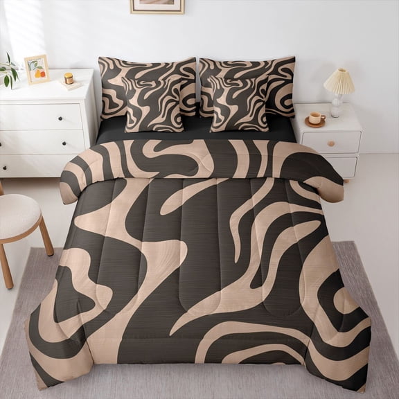 Homewish Retro Wavy Swirl 7-Piece Twin Bedding,Aesthetic Geometric Bedding Comforter Set,Brown,Black Reversible