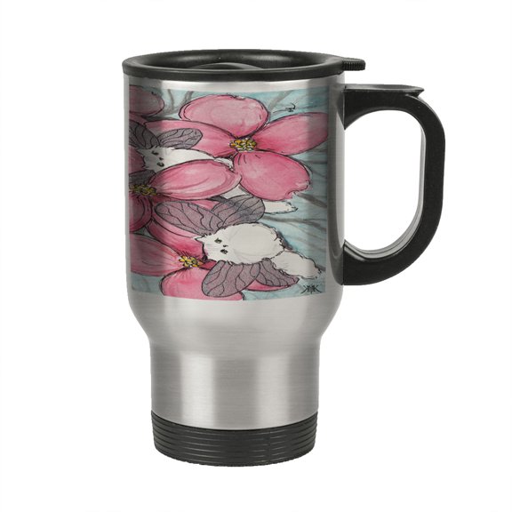 KuzmarK Insulated Stainless Steel Travel Mug 14 oz. - Chinchilla Silver Persian Kitty Fairies with Pink Dogwood Cat Art by Denise Every