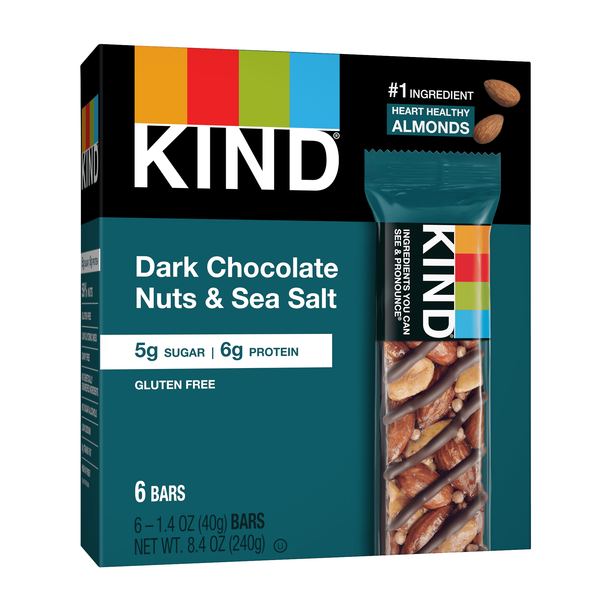 KIND Bars, Dark Chocolate Nuts & Sea Salt, Gluten free, 1.4 oz, 6 Snack