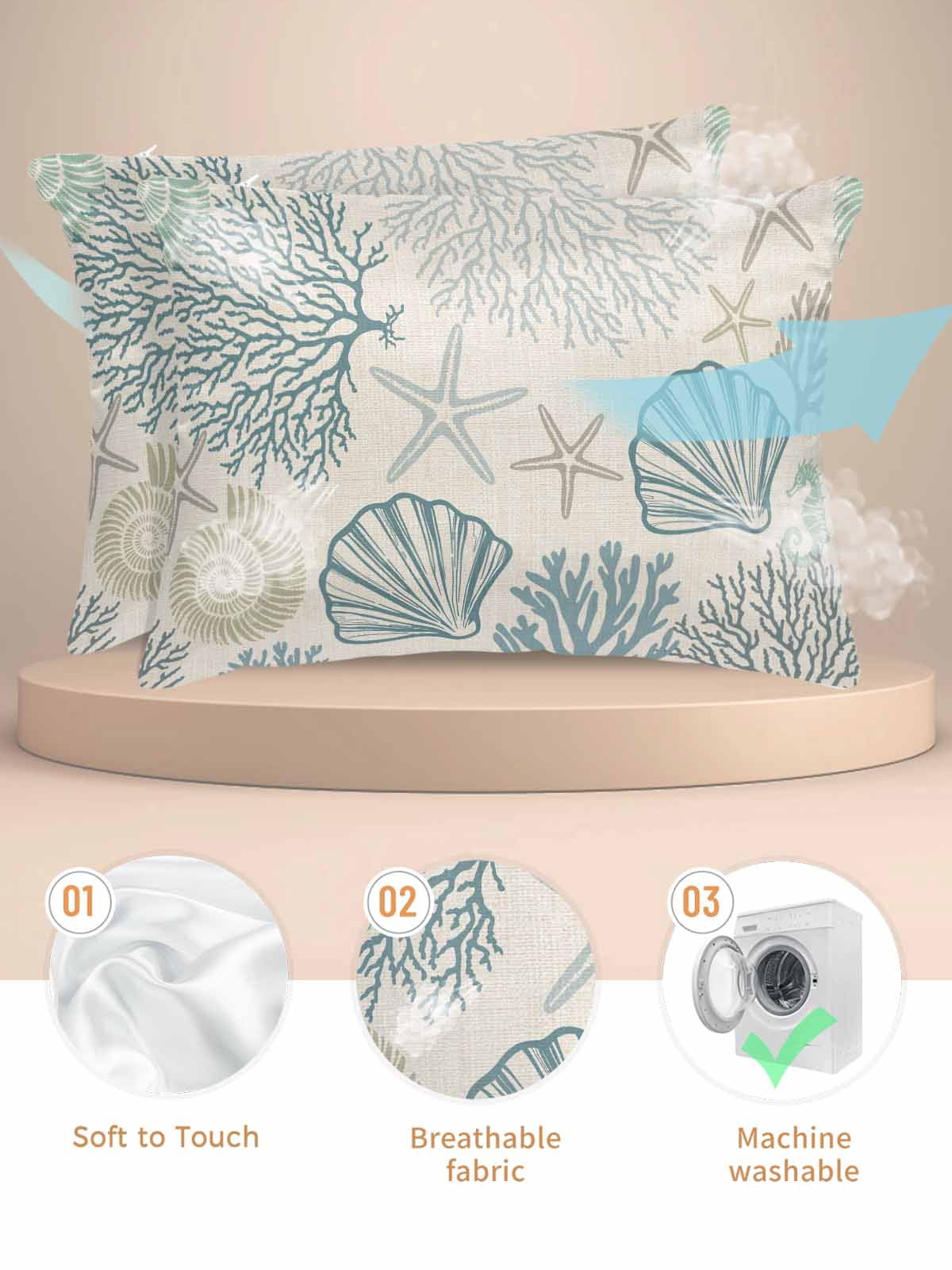Coastal Ocean Pillow Cases King Size Set of 2, Smooth Satin Pillowcase for Hair and Skin, Vintage Coral Starfish Shell Seahorse Decorative Cooling Bed Pillow Covers with Zipper, 20x36 Inches