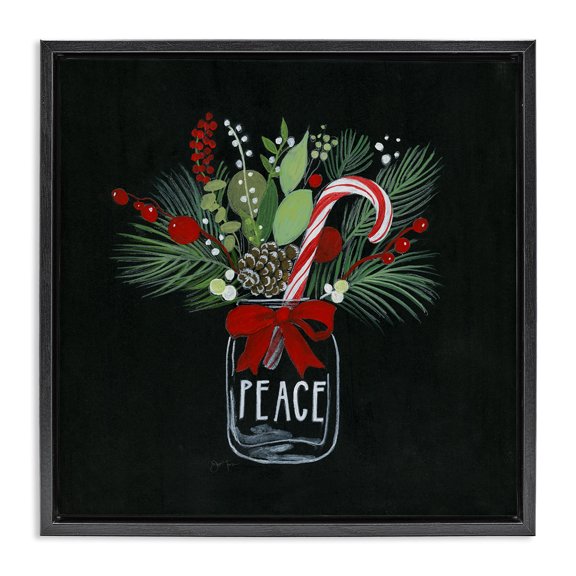 Stupell Industries Peace Candy Cane Jar Holiday Painting Black Floater Framed Canvas Art Prints Wall Art, 18 x 18